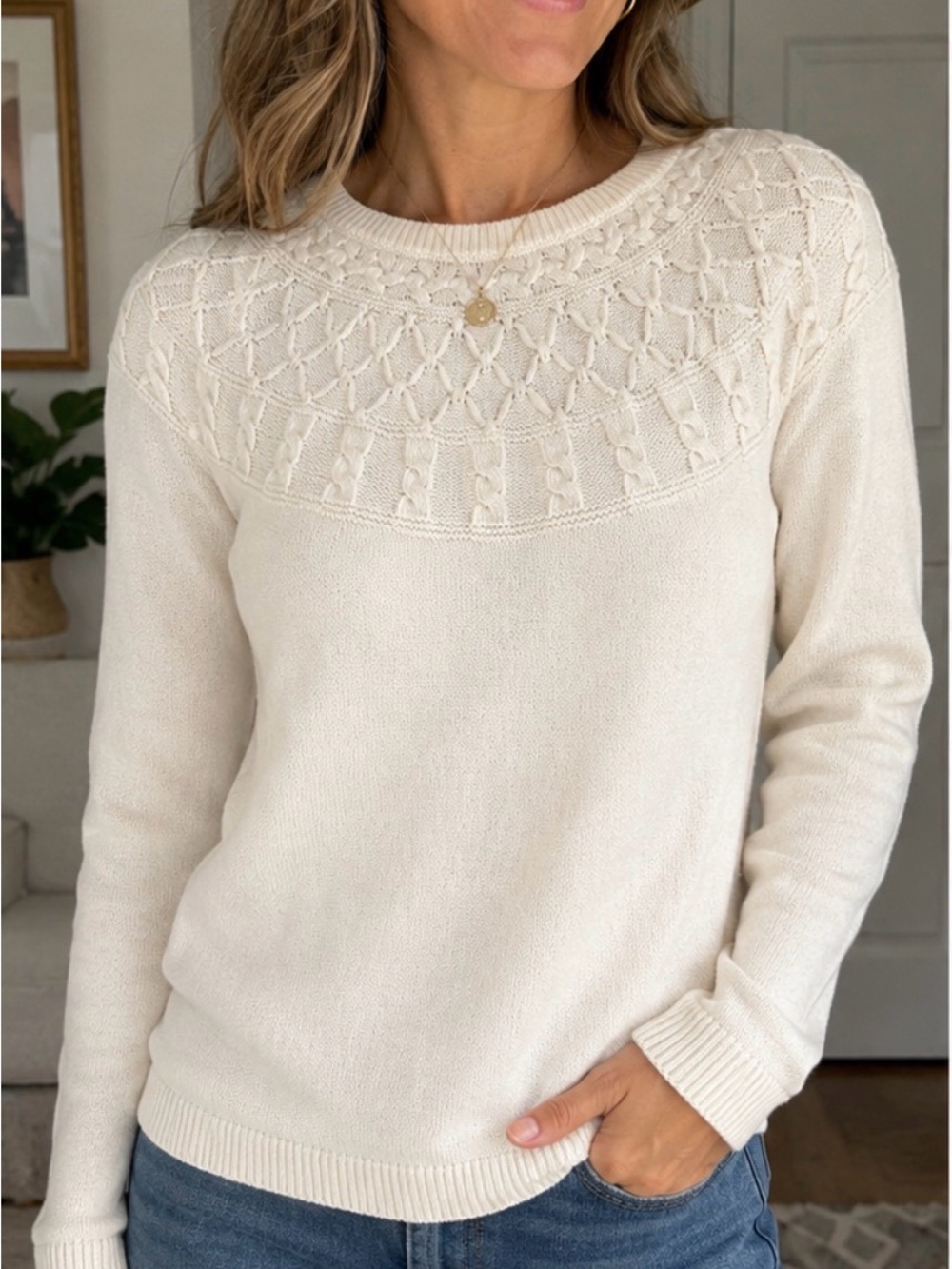 Talbots Cable Knit Yoke Sweater 100% Cotton Textured Size M